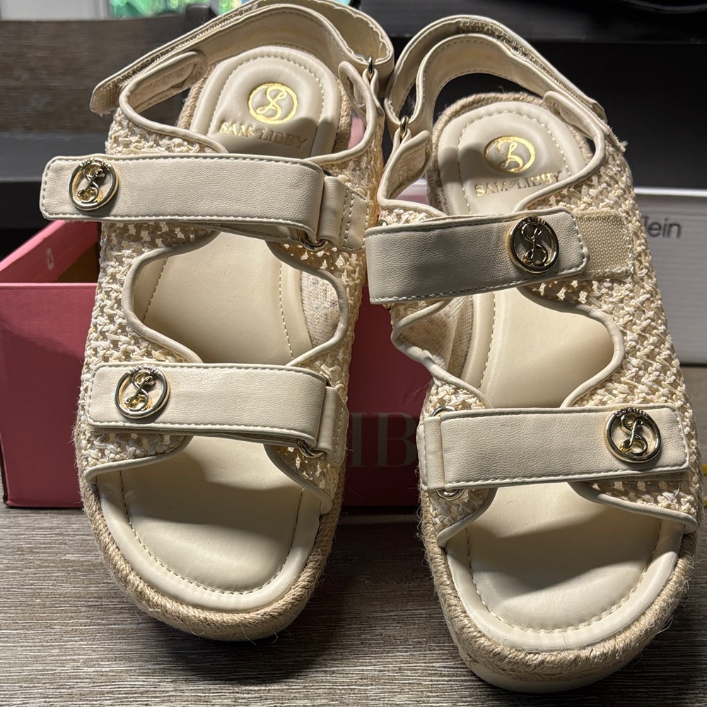Sam and Libby Tan Mesh sandals with velcro straps and gold accents